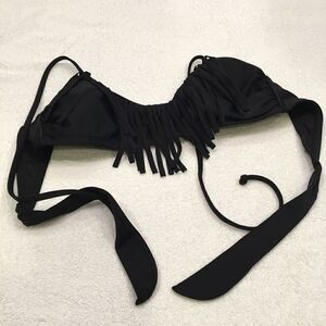 Black fringed bikini top padded tie closure O/S
